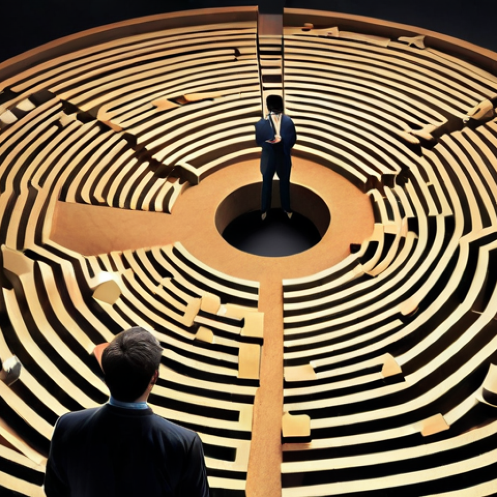 **
A visually striking labyrinth formed by volatile stock market charts and fluctuating financial data, with an investor appearing disoriented within it. In the foreground, a calm and professional financial advisor extends a reassuring hand, guiding the investor towards a clear, stable path. The image conveys a sense of transitioning from market chaos to guided clarity and peace of mind. Modern, professional, European aesthetic.

**