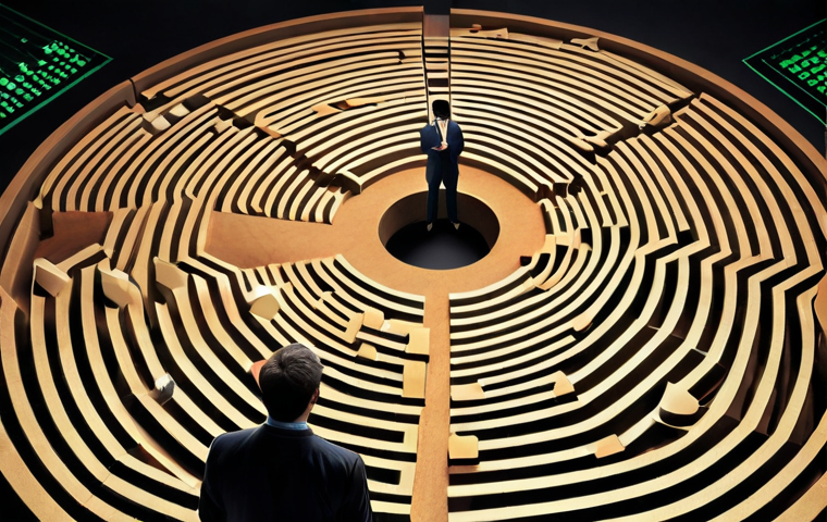 **
A visually striking labyrinth formed by volatile stock market charts and fluctuating financial data, with an investor appearing disoriented within it. In the foreground, a calm and professional financial advisor extends a reassuring hand, guiding the investor towards a clear, stable path. The image conveys a sense of transitioning from market chaos to guided clarity and peace of mind. Modern, professional, European aesthetic.

**