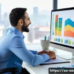 자산관리사와 보험 설계사의 역할 차이 - A professional Spanish financial advisor sitting at a modern office desk with dual monitors displayi...