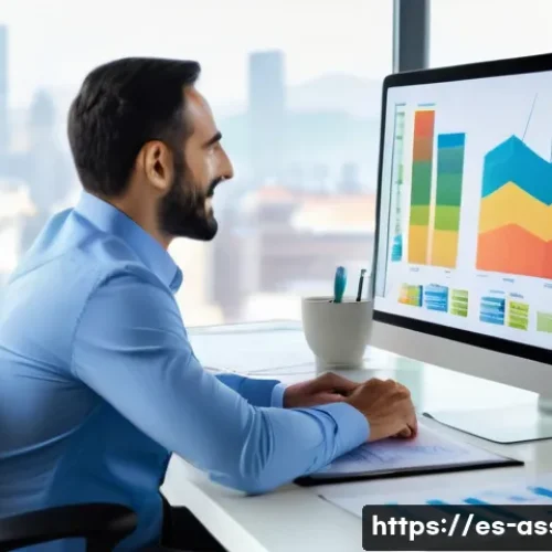 자산관리사와 보험 설계사의 역할 차이 - A professional Spanish financial advisor sitting at a modern office desk with dual monitors displayi...