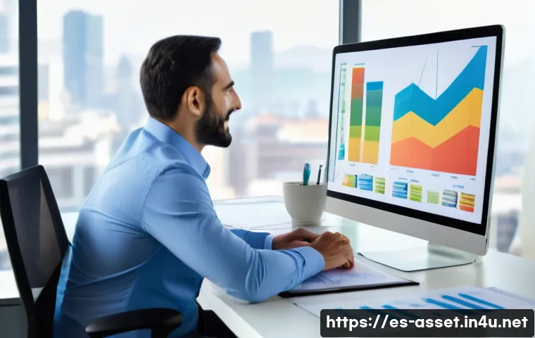 자산관리사와 보험 설계사의 역할 차이 - A professional Spanish financial advisor sitting at a modern office desk with dual monitors displayi...