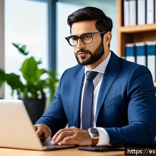 Home 26 자산관리사 경력직 인터뷰 팁 - A professional Spanish-speaking financial advisor in a modern office setting, dressed in a sharp bus...